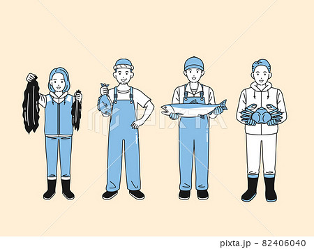 漁師　漁業　男女　水揚げ　魚　蟹　昆布　収穫　全身　イラスト素材 82406040