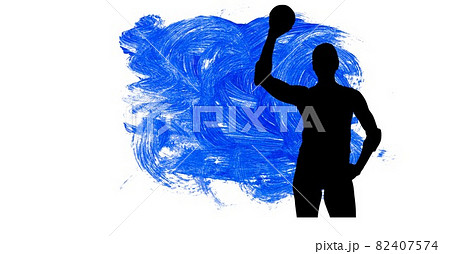 Silhouette of female handball player against blue paint brush strokes on white background 82407574