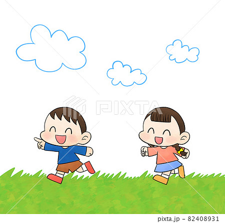 野原で遊ぶ男の子と女の子のイラスト素材 4031