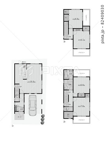レイヤー分けで使いやすい3階建て戸建住宅の間取り モノクロのイラスト素材