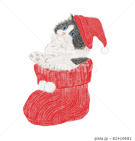 毛糸の長靴に入った白黒の仔猫のイラスト素材 毛糸の長靴に入った白黒の仔猫のイラスト素材