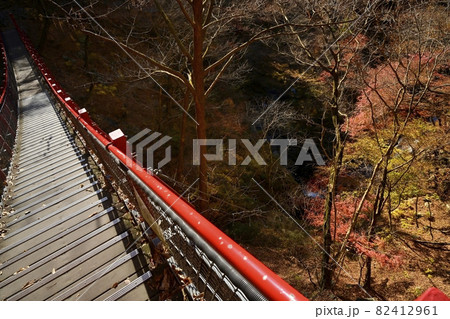 紅葉の木々と小中大滝への遊歩道にある袈裟かけ橋 82412961