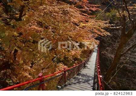 紅葉の木々と小中大滝への遊歩道にある袈裟かけ橋 82412963