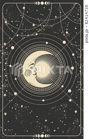 Magic Tarot card, night sky background with stars and crescent moon on black background. Frame for astrology, witchcraft, predictions. Vector illustration. Magic Tarot card, night sky background with stars and crescent moon on black background. Frame for astrology, witchcraft, predictions. Vector illustration. 82414730