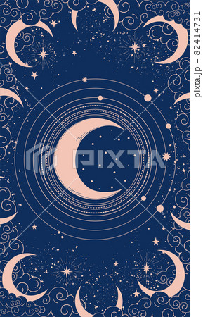 Mystical boho drawing of the moon on a blue background, phases of the moon. Vertical frame for astrology, tarot. Flat vector illustration for cover. 82414731