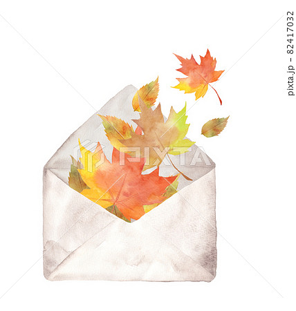 封筒の中の落ち葉 水彩イラストのイラスト素材