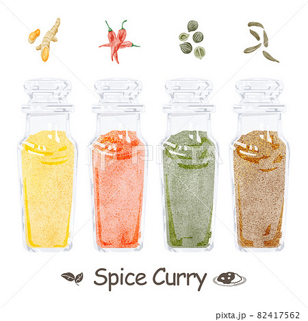 カレースパイス4種類の手書き水彩風イラスト カレースパイス4種類の手書き水彩風イラスト 82417562