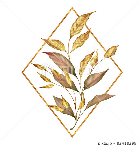 Floral illustration with gold frame and autumn leaves 82418299