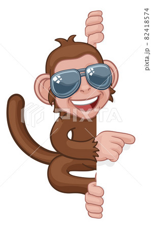 Monkey Sunglasses Cartoon Animal Pointing At Sign Monkey Sunglasses Cartoon Animal Pointing At Sign 82418574