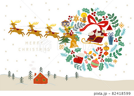 雪化粧の山と赤いお家とサンタクロースとトナカイとクリスマスリースのイラスト 雪化粧の山と赤いお家とサンタクロースとトナカイとクリスマスリースのイラスト 82418599
