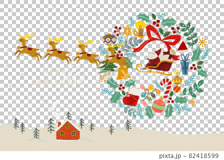 雪山、紅房子、聖誕老人、馴鹿和聖誕花環的插圖 82418599