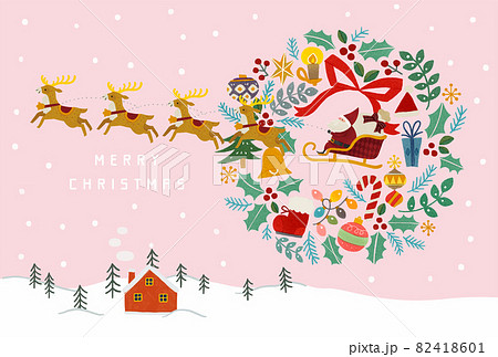 雪化粧の山と赤いお家とサンタクロースとトナカイとクリスマスリースのイラストのイラスト素材
