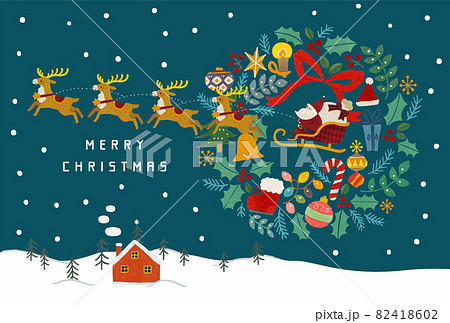 雪化粧の山と赤いお家とサンタクロースとトナカイとクリスマスリースのイラスト 82418602