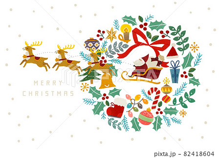 雪化粧の山と赤いお家とサンタクロースとトナカイとクリスマスリースのイラスト 82418604