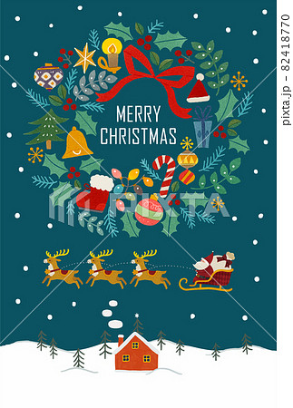 雪化粧の山と赤いお家とサンタクロースとトナカイとクリスマスリースのイラスト 82418770