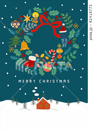 雪化粧の山と赤いお家とクリスマスリースのイラストのイラスト素材