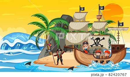 Island with Pirate ship at sunset scene in cartoon style 82420767