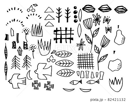 北欧系かわいい植物と鳥の手書きラフセットのイラスト素材