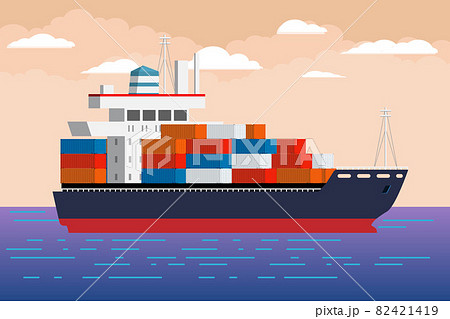 Ship with cargo container. Flat and solid color vector illustration. 82421419