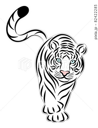 悠々と歩くホワイトタイガー 白虎 切り絵風のシンプルなイラスト ベクターのイラスト素材