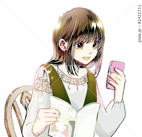 スマホをいじる女子のイラスト背景無・雑誌有・人物中央版 82422711
