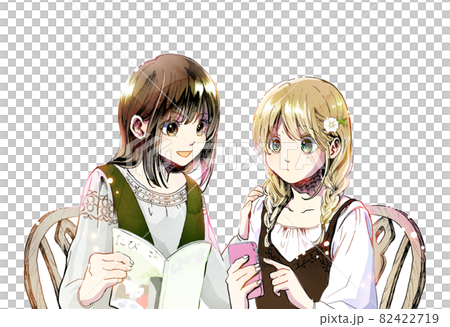 女子旅を計画中の友だち二人のカラーイラスト背景なし 無季版のイラスト素材