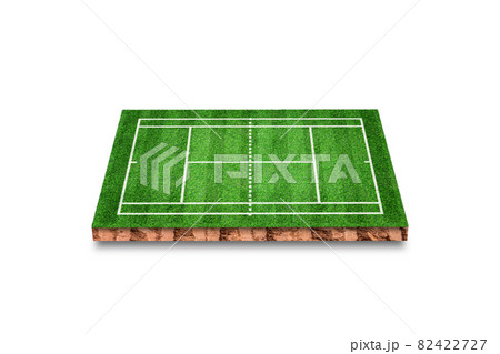 Soil cubic cross section with grass tennis court field isolated on white background. 3D rendering. 82422727