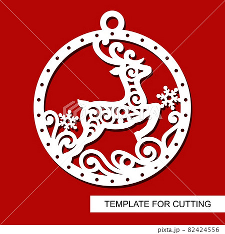 Christmas decoration - lace deer silhouette in a ball with snowflakes. Template for laser cutting, wood carving, paper cut and printing. New Year theme. Vector illustration. 82424556