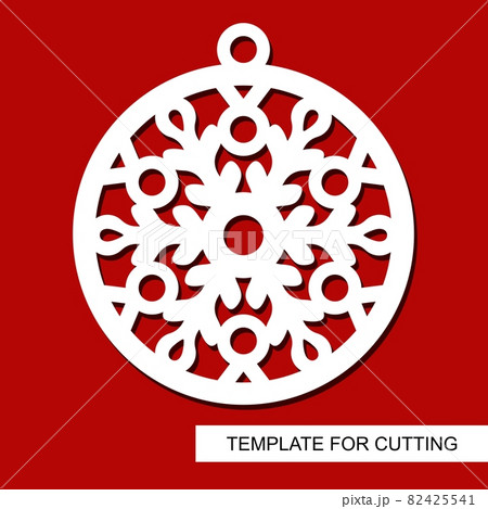 Christmas decoration - lace ball with snowflake. Template for laser cutting, wood carving, paper cut and printing. Silhouette of a round toy. New Year theme. Vector illustration. 82425541