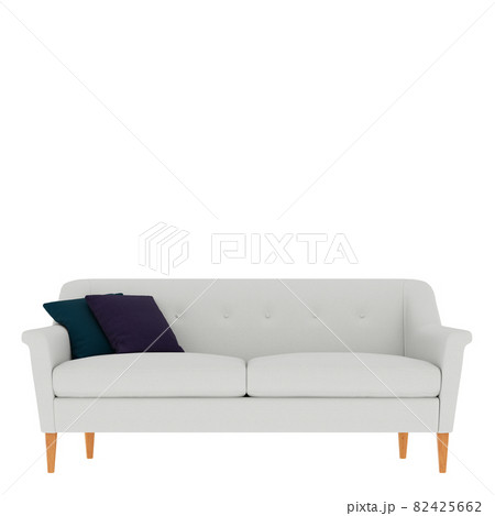 White sofa with two colored pillows front view on an isolated background. 3d rendering 82425662