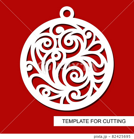 Christmas decoration - lace ball. Template for laser cutting, wood carving, paper cut and printing. Silhouette of a round toy. New Year theme. Vector illustration. Christmas decoration - lace ball. Template for laser cutting, wood carving, paper cut and printing. Silhouette of a round toy. New Year theme. Vector illustration. 82425695