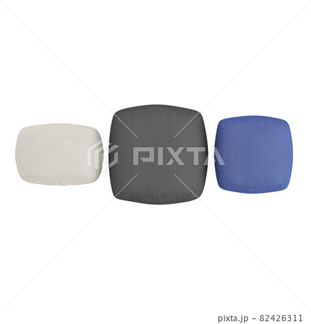 Three color soft poufs on a white background on top view. 3d rendering Three color soft poufs on a white background on top view. 3d rendering 82426311