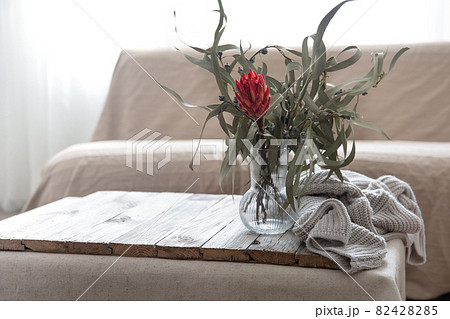 Glass vase with protea flower in the interior of the room, copy space. Glass vase with protea flower in the interior of the room, copy space. 82428285