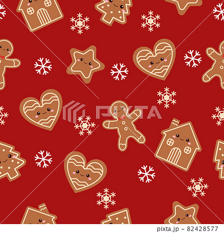 Cute gingerbread cookies seamless pattern background. Flat vector cartoon design Cute gingerbread cookies seamless pattern background. Flat vector cartoon design 82428577