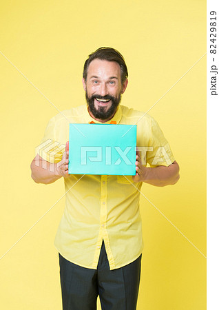 Salesman selling goods. Special offer. Bearded man shopping Salesman selling goods. Special offer. Bearded man shopping 82429819