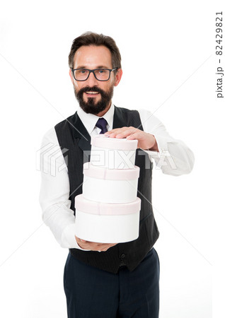 Man formal clothes hold pile gift boxes. Loyalty bonus 82429821