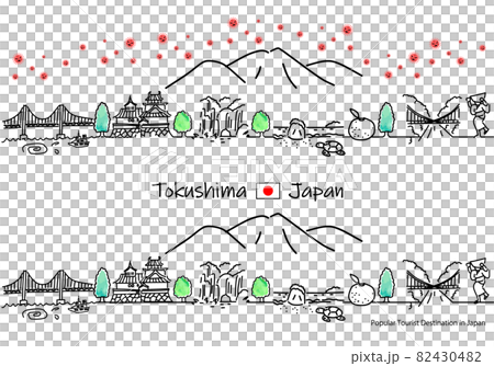 Tokushima Prefecture tourist destination cityscape and simple line drawing set of new coronavirus 82430482