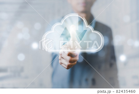 Man touching a cloud networking concept and touch screen with hand connection line on the black background, Cloud computing is system for sharing download and upload big data information, concept Man touching a cloud networking concept and touch screen with hand connection line on the black background, Cloud computing is system for sharing download and upload big data information, concept 82435460