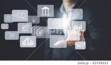Businessman touchscreen on the graph Screen Icon of a media screen, Technology Process System Business with Communication and marketing concept, Team success, HR Human, Business success 82436023