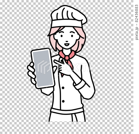 A cook woman standing and pointing at her smartphone A cook woman standing and pointing at her smartphone 82436883