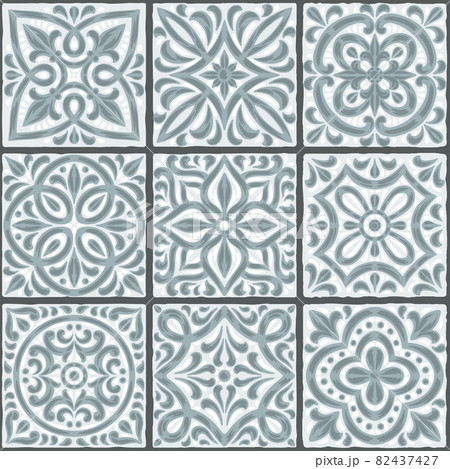 Portuguese azulejo ceramic tile pattern. Mediterranean traditional ornament. Italian pottery or spanish majolica. 82437427