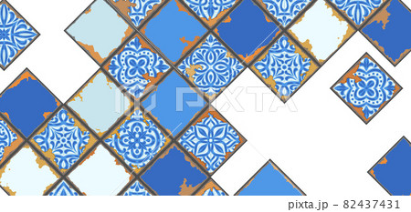Portuguese azulejo vintage ceramic tile background. Old grunge background with chipped enamel tile. Italian pottery or spanish majolica. Portuguese azulejo vintage ceramic tile background. Old grunge background with chipped enamel tile. Italian pottery or spanish majolica. 82437431