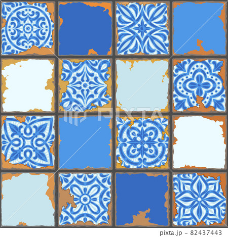 Portuguese azulejo vintage ceramic tile seamless pattern. Old grunge background with chipped enamel tile. Italian pottery or spanish majolica. 82437443