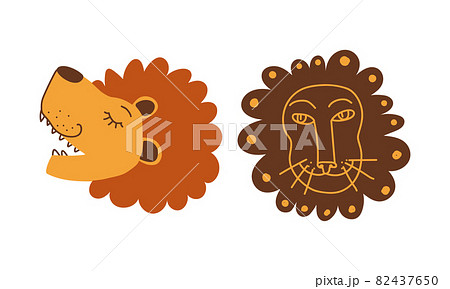 Funny Lion Snout as African Animal with Mane Doodle Vector Set 82437650