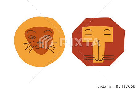 Funny Lion Snout as African Animal with Mane Doodle Vector Set 82437659