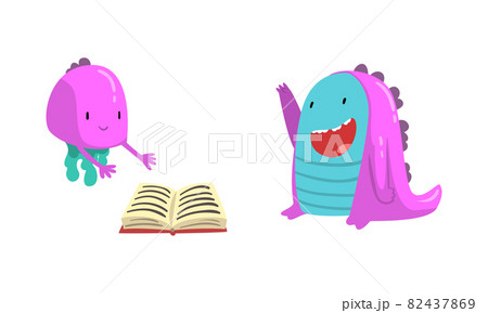Funny Purple Monster Character Reading Book Vector Set 82437869