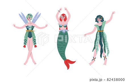 Magic Forest Fairy or Pixie with Wings and Mermaid with Fish Tail Vector Set 82438000