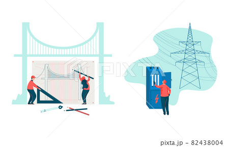 Project Team Engineering Bridge Creating Draft and Checking Electric Circuit in Transformer Vault Vector Set Project Team Engineering Bridge Creating Draft and Checking Electric Circuit in Transformer Vault Vector Set 82438004