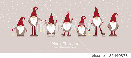 christmas greeting card with cute christmas dwarf and snowy landscape 82440373