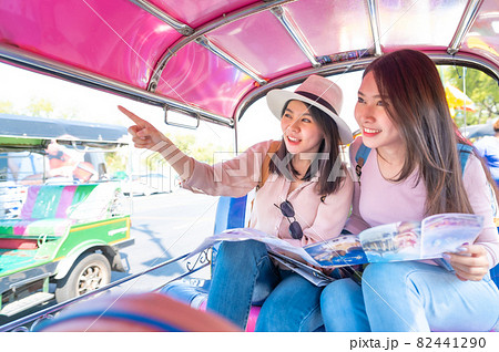 Asian women traveler sightseeing by tuk tuk taxi 82441290